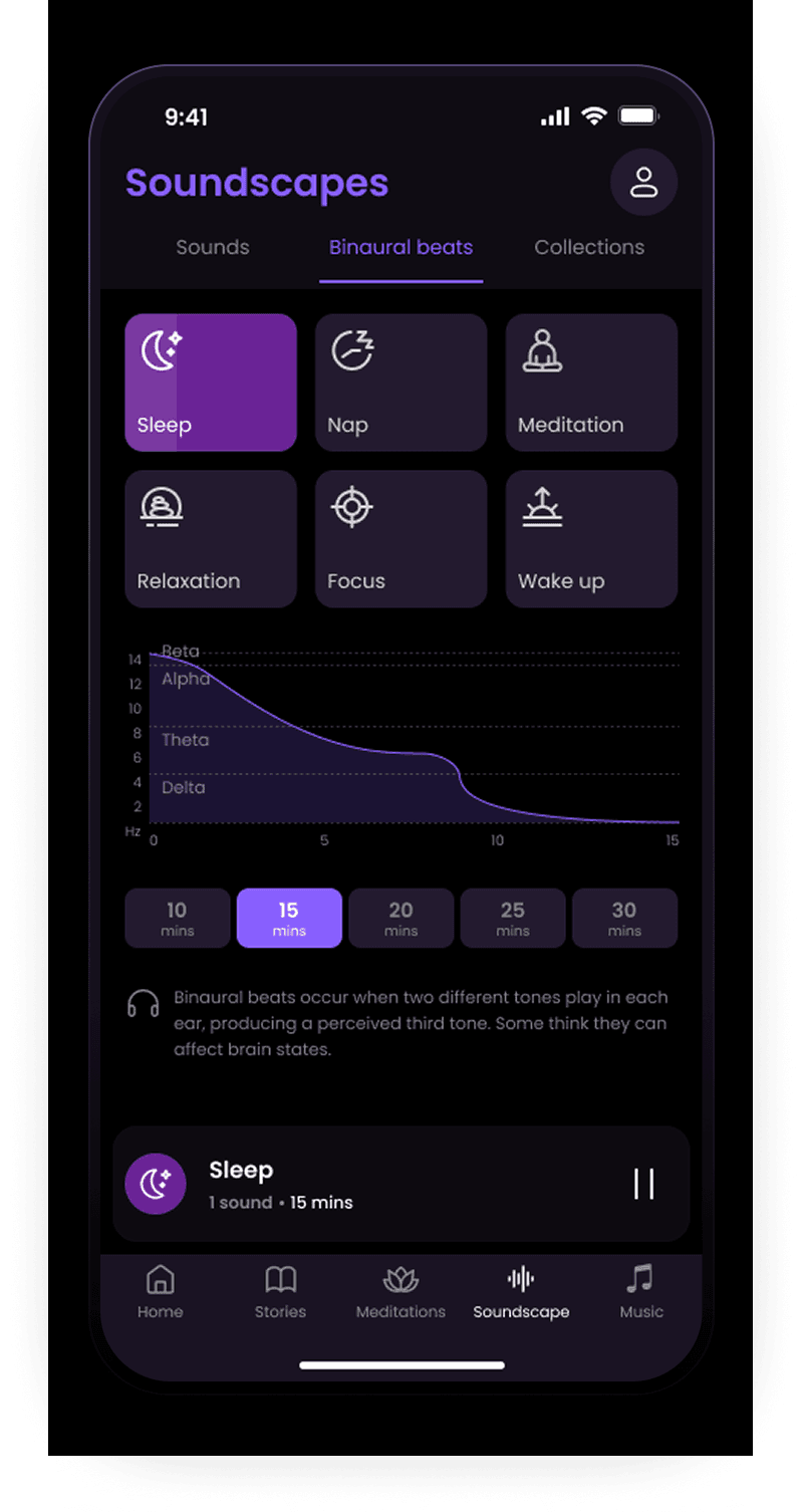 Binaural beats player interface showing customizable frequency settings